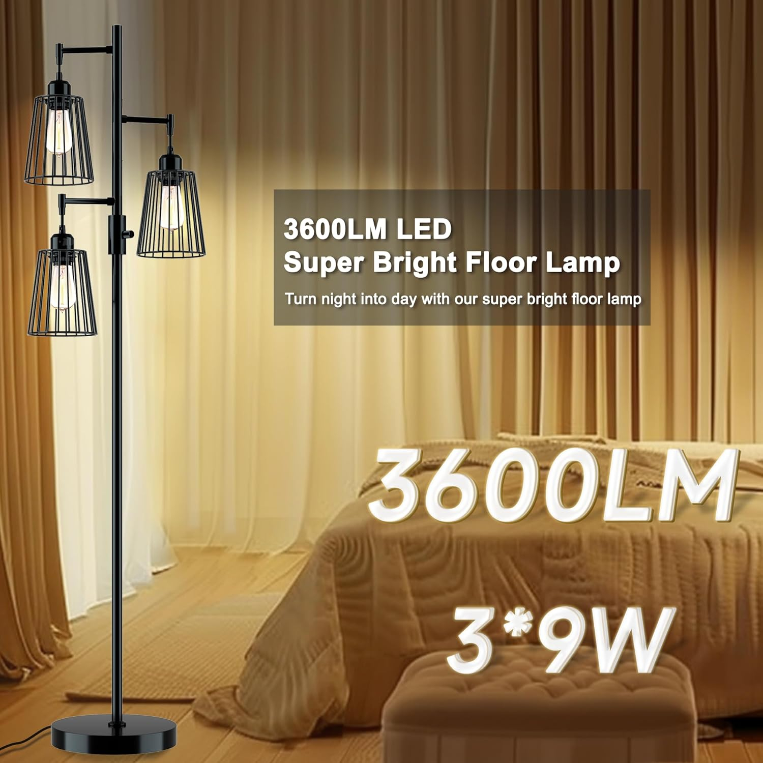 COFF Industrial Floor Lamp, 3 x 1200LM Edison LED Bulbs Included, Bright 3-Light Dimmable Floor Lamp, Farmhouse Tall Standing Lamp for Living Room, Bedroom Office Rustic Home Decor (Matte Black)