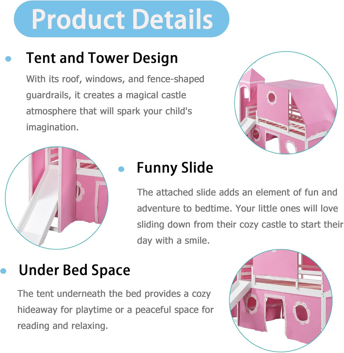 Polibi Full Size Castle Loft Bed with Slide & Pink Tent and Tower, Playhouse Design Spacious Under Bed Space with Curtains, Wood Tent Bed Frame for Kids Boys Girls