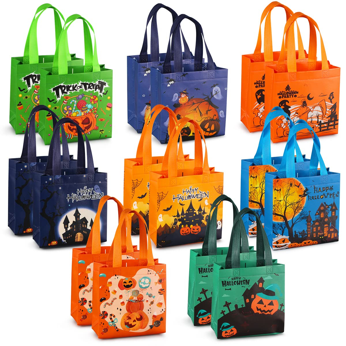 PARSUP Halloween Trick or Treat Bags, 16PCS Small Gift Tote Non-Woven Bags with Handles for Gifts Wrapping, Halloween Party Supplies, 7.9 * 7.9 * 3.15"