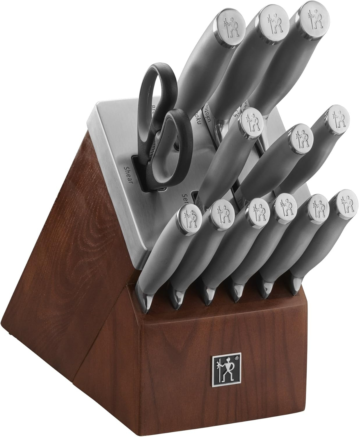 Henckels Modernist 14-pc Self-Sharpening Knife Set with Block, Chef Knife, Paring Knife, Bread Knife, Steak Knife, Dark Brown, Stainless Steel, Walnut