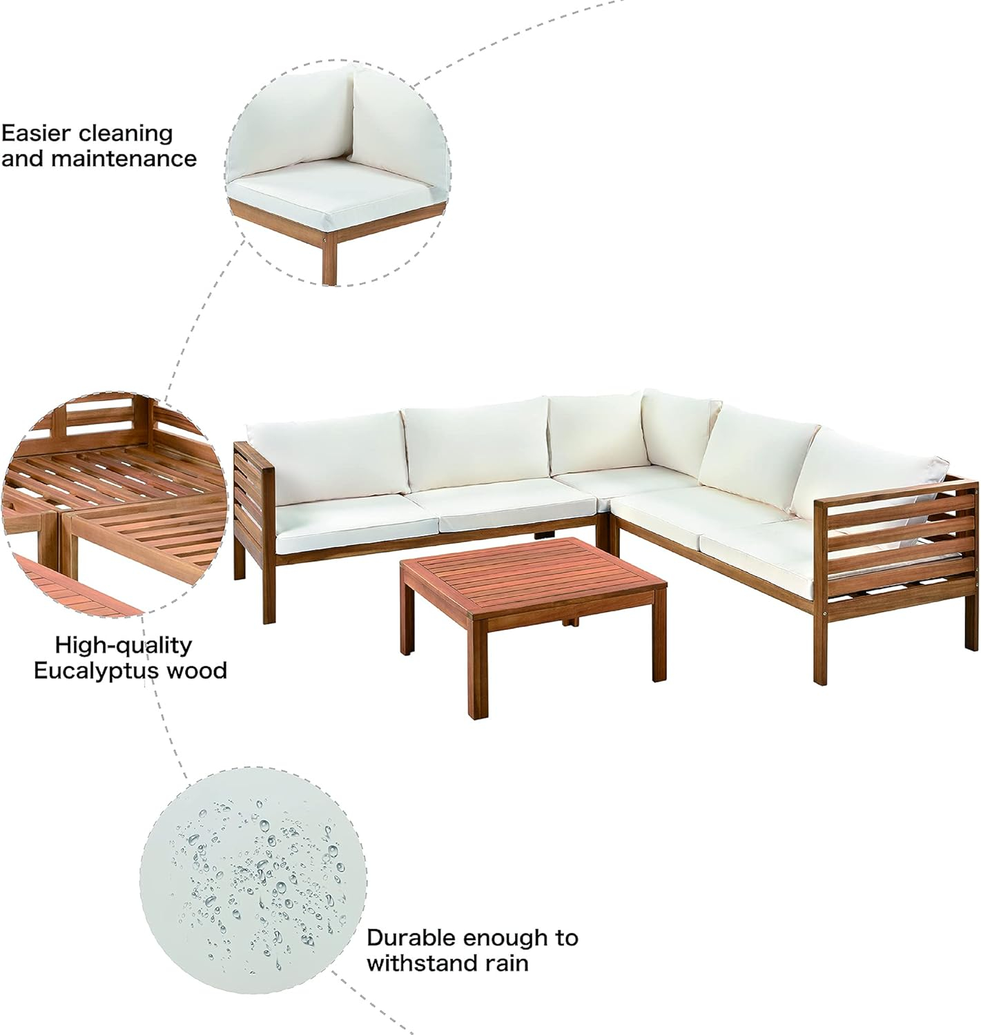 4 Piece Outdoor Patio Furniture Set, Acacia Wood Sectional Sofa w/Seat Beige Cushions, Patio Sectional Conversation Seat with Coffee Table and Strong Metal Accessories