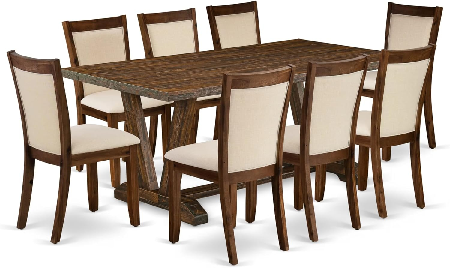V777MZN32-9- Dinner Table and 8 Light Beige Chairs - Distressed Jacobean Finish