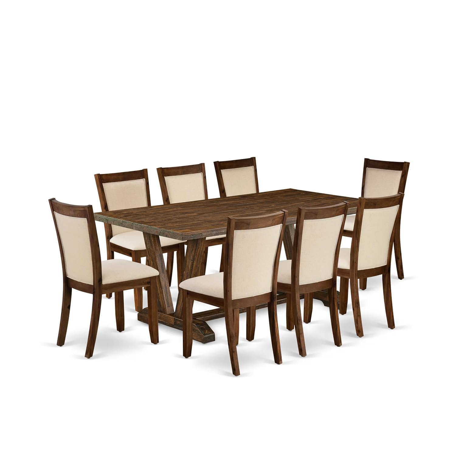 V777MZN32-9- Dinner Table and 8 Light Beige Chairs - Distressed Jacobean Finish