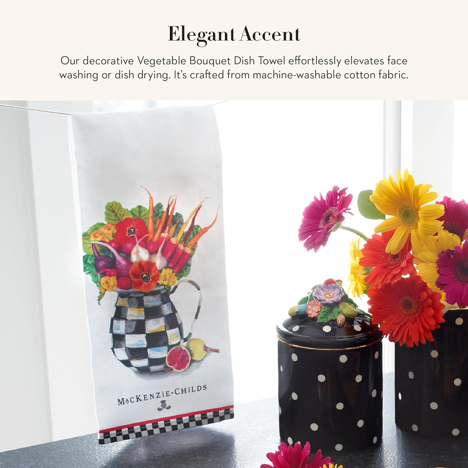 White Cotton Kitchen Dish Towel with Vegetable Bouquet Design