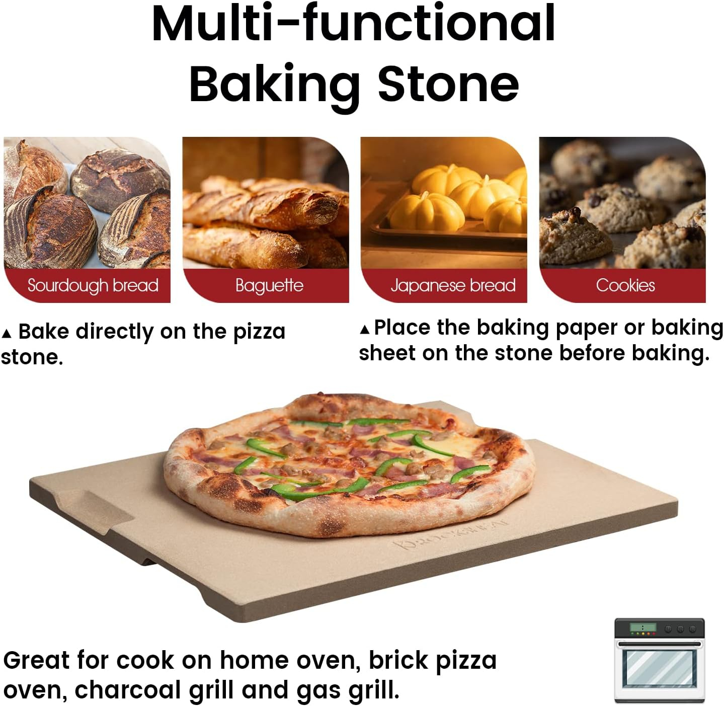 Large Pizza Stone Heavy Duty Baking Grilling Stone 20" x 13.5", Perfect for Oven, BBQ and Grill. Innovative Double - faced Built - in 4 Handles Design