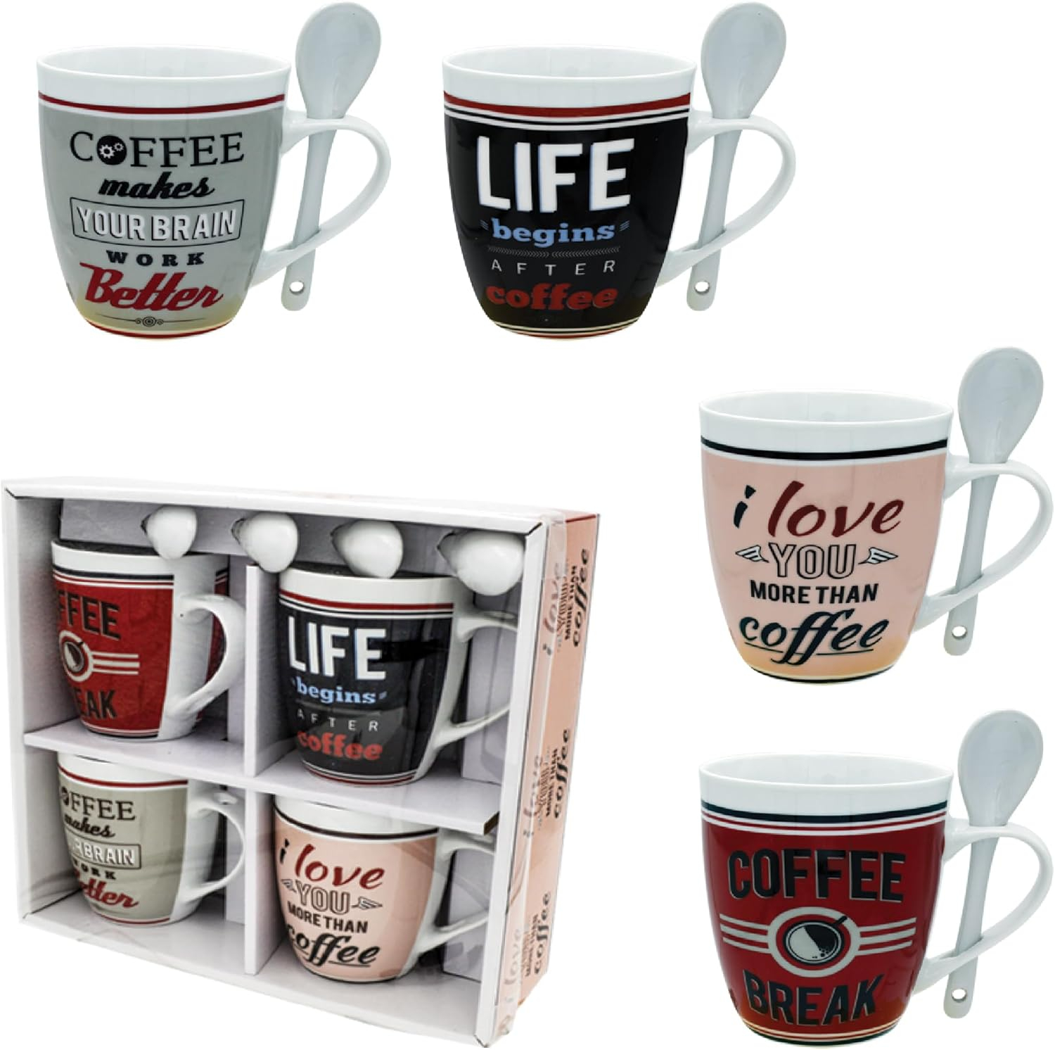 Coffee Mug Set of 4 Nice Mugs Porcelain 10 oz Unique White Tea Cups for Home, Office Breakroom - A Great Marriage or Friends Gift Boxed Set, Secret Santa