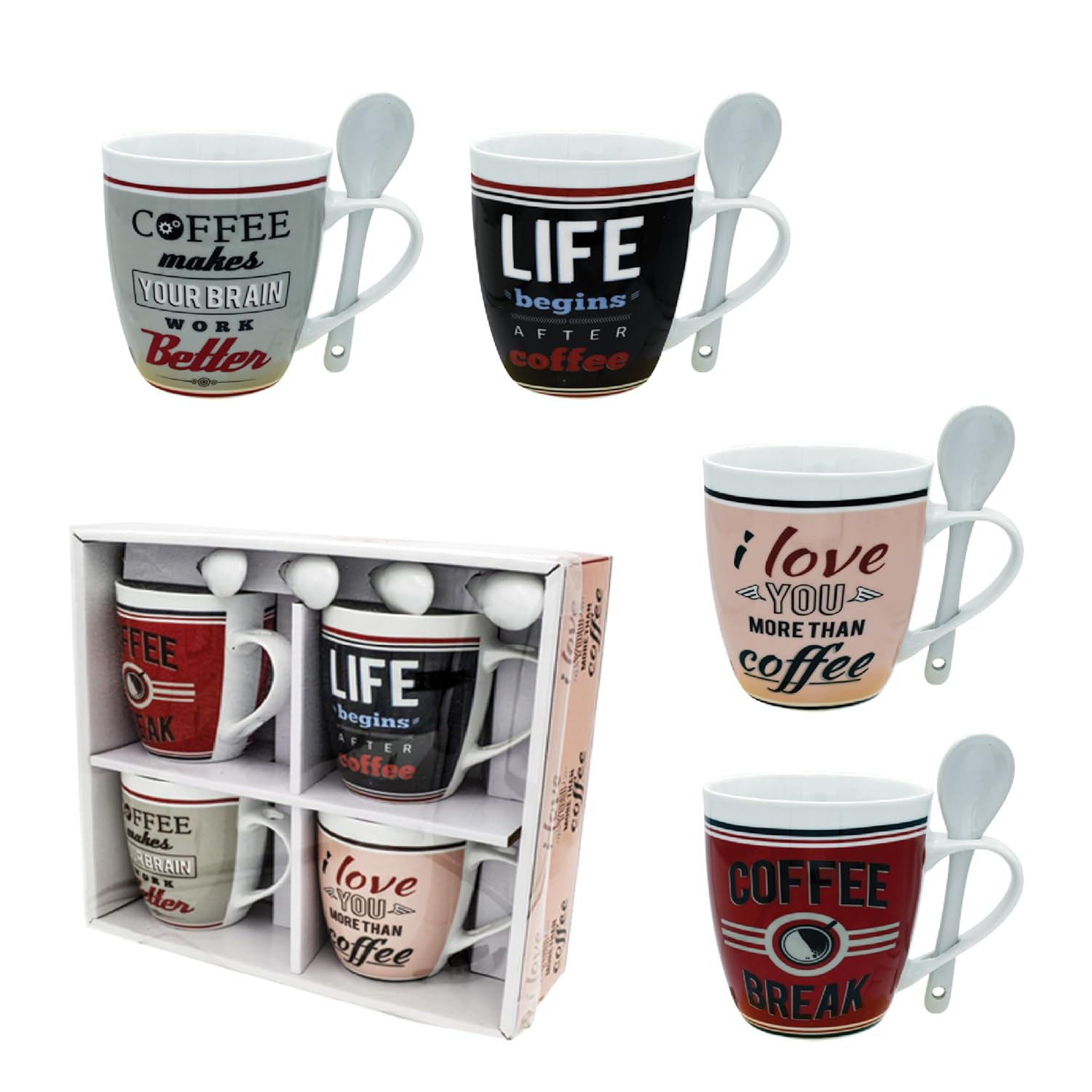 Coffee Mug Set of 4 Nice Mugs Porcelain 10 oz Unique White Tea Cups for Home, Office Breakroom - A Great Marriage or Friends Gift Boxed Set, Secret Santa