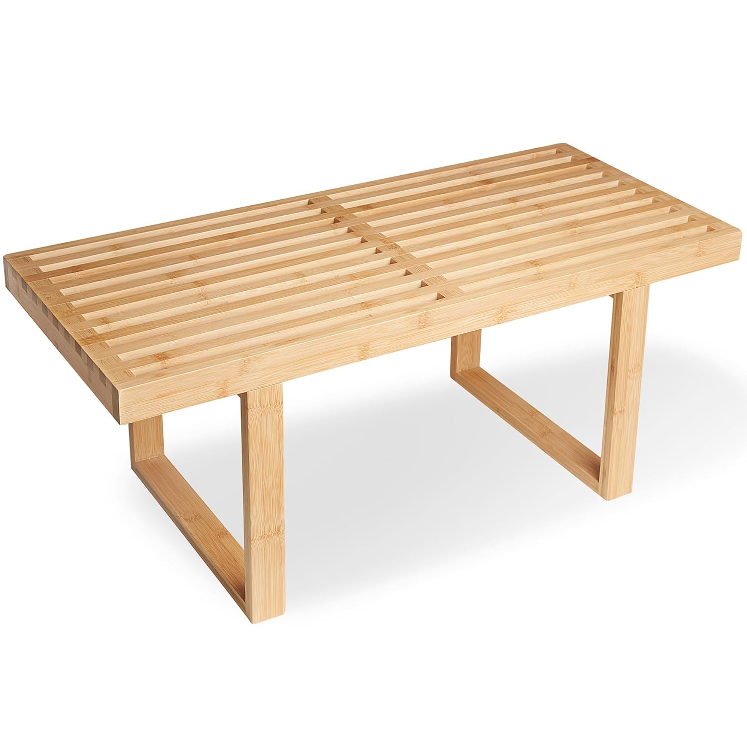 Bamboo Nelson Slat Wooden Bench, Small Wood Benches for Entryway, Living & Dining Room, Kitchen, Bedroom, Bathroom, Hallway, Front Door, For Indoor & Outdoor Patio Use, Mid Century Modern Decor