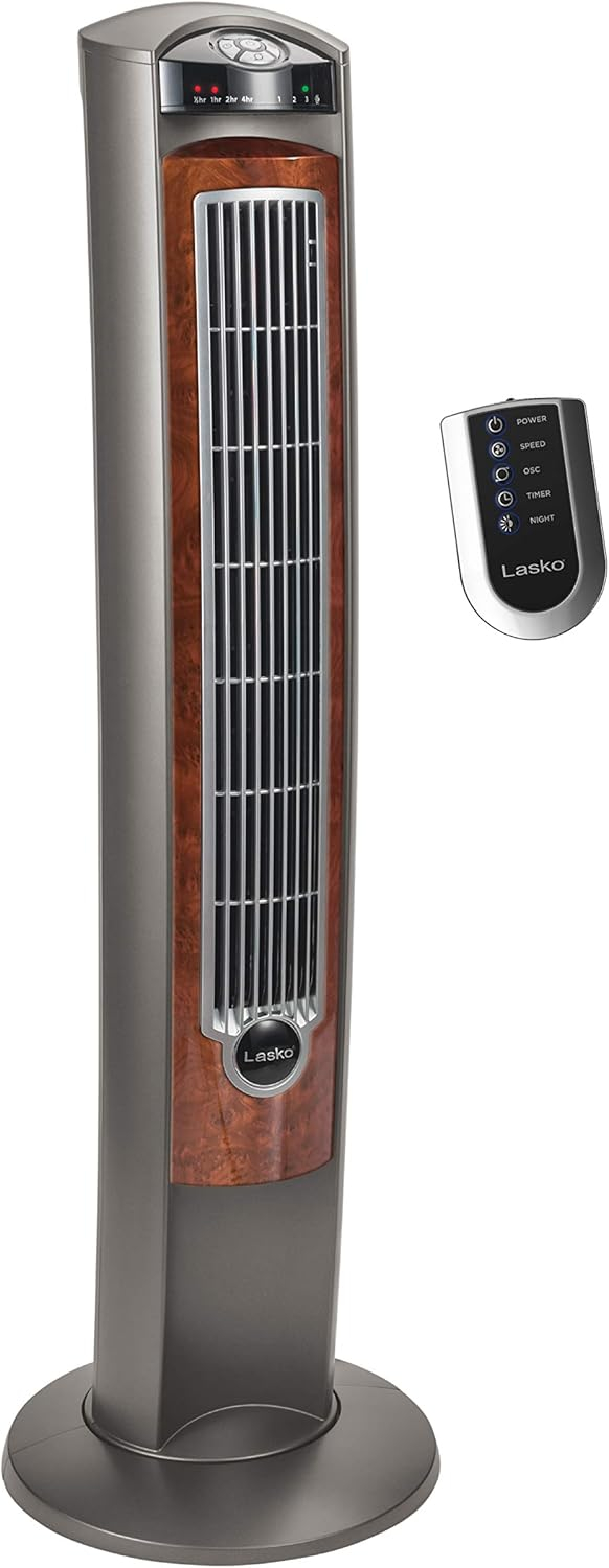 Lasko 42" Wind Curve Tower Fan with Nighttime Setting, Timer and Remote, Gray/Brown, T42954, New