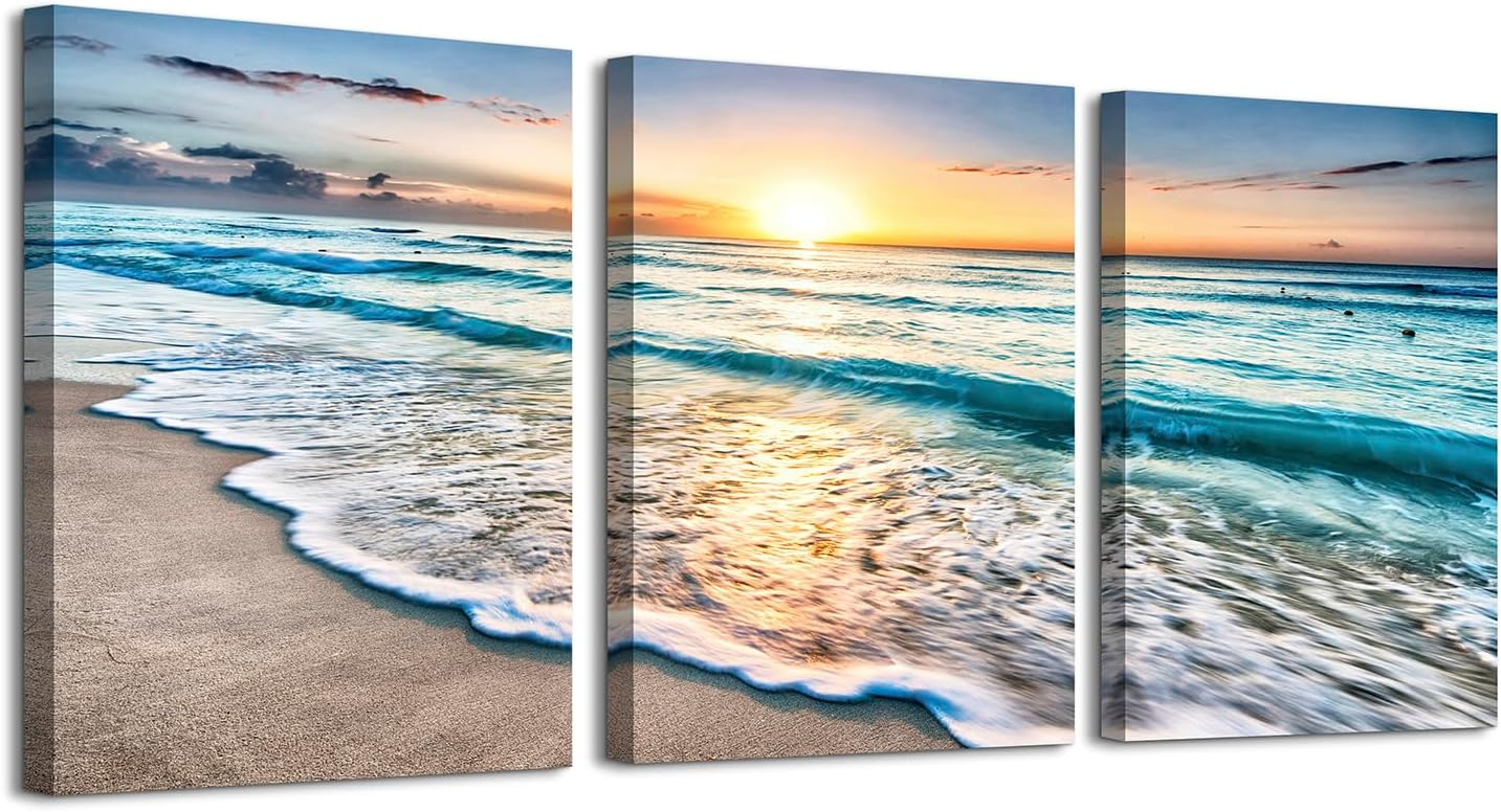Asdg12s-3 Panel Wall Art Blue Sea Sunset White Beach Painting The Picture Print On Canvas Seascape The Pictures for Home Decor Decoration,Ready to Hang