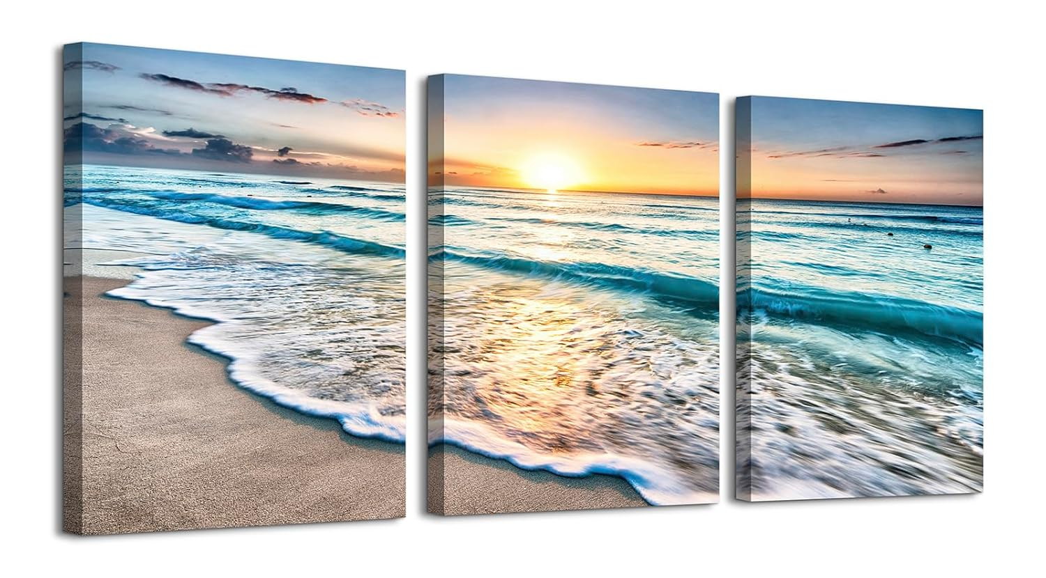 Asdg12s-3 Panel Wall Art Blue Sea Sunset White Beach Painting The Picture Print On Canvas Seascape The Pictures for Home Decor Decoration,Ready to Hang