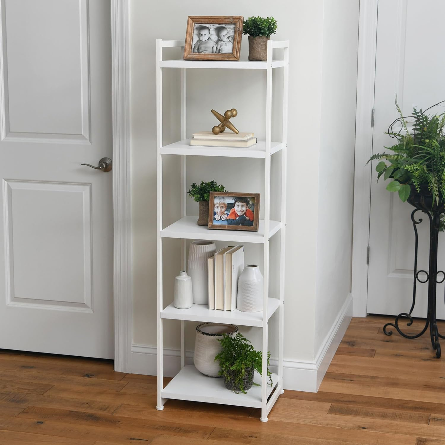Household Essentials Jamestown Narrow 5 Shelf Open Storage Bookshelf Scandinavian White and White Metal