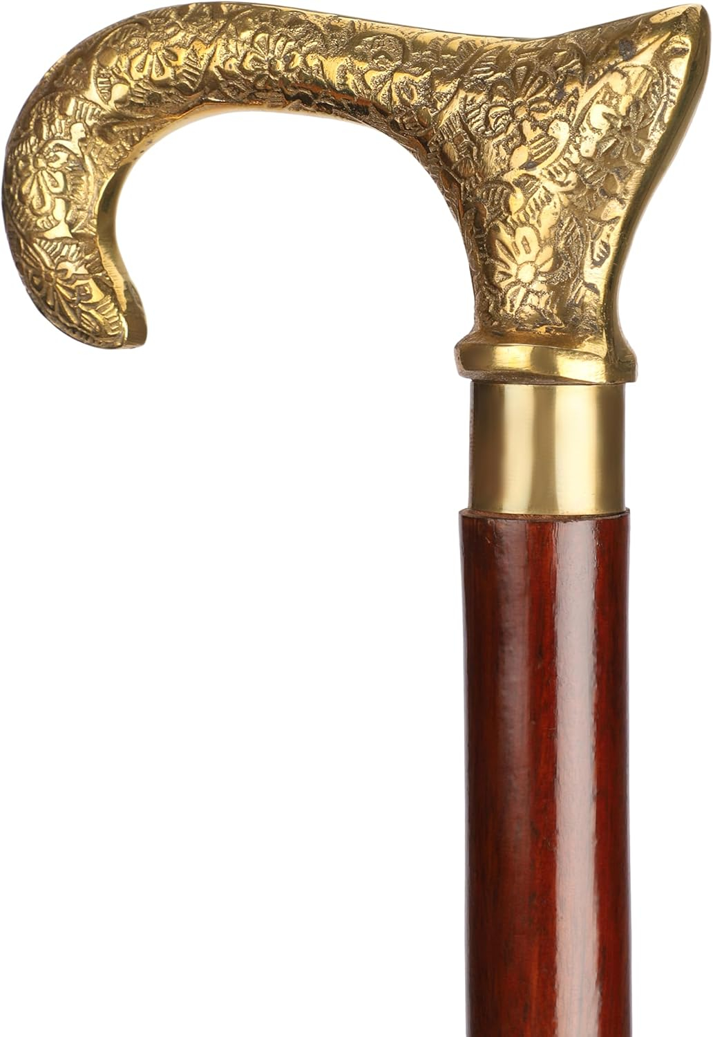 Ajuny Walking Sticks for Men Women Seniors Durable Folding Wooden Canes T Shape with Decorative Brass Handle Golden Finish Wood Cane 36 inch