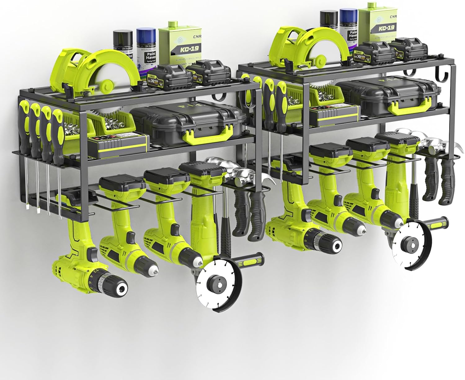 Power Tool Organizer, Heavy Duty Iron, 3 Layers Storage Rack with 4 Drill Holders, Floating Tool Shelf Wall Mounted, Matte Black, Work Shop, Garage, 150Lbs Load Capacity