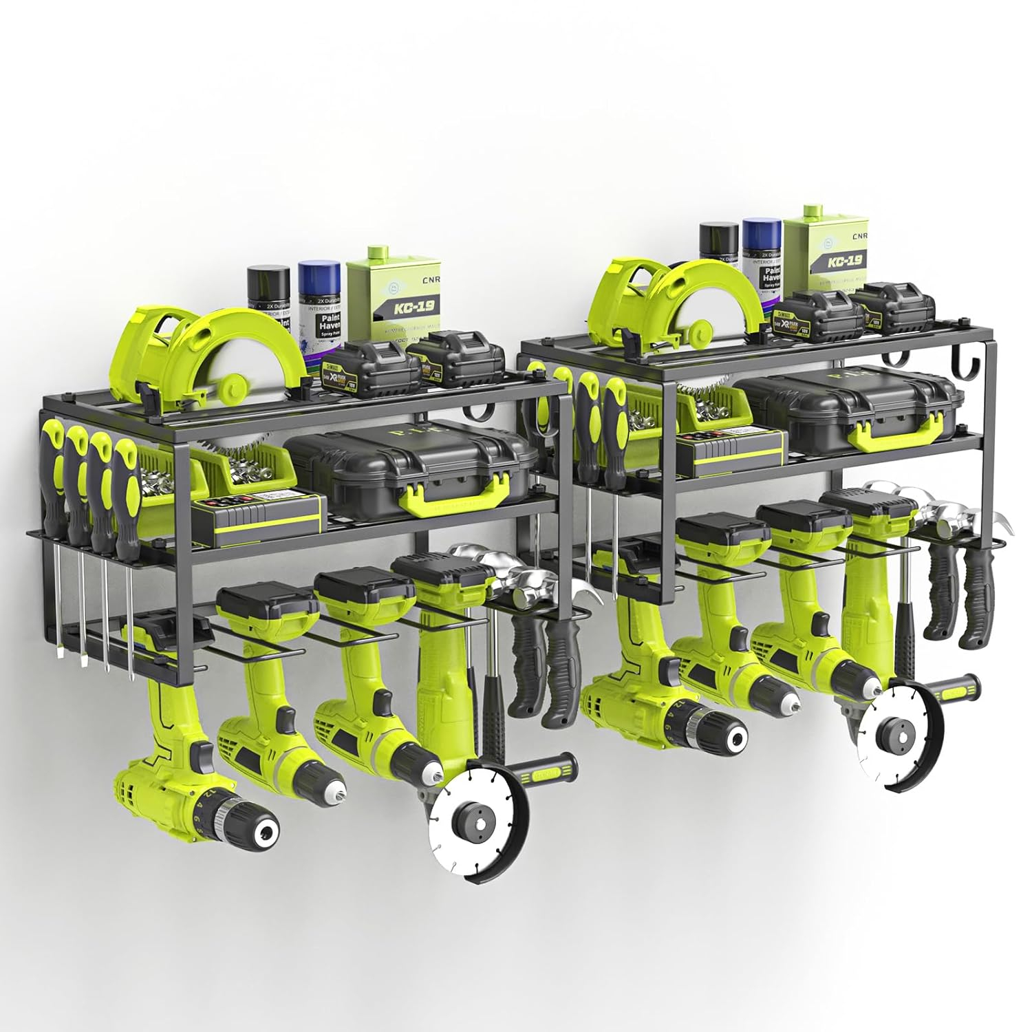 Power Tool Organizer, Heavy Duty Iron, 3 Layers Storage Rack with 4 Drill Holders, Floating Tool Shelf Wall Mounted, Matte Black, Work Shop, Garage, 150Lbs Load Capacity