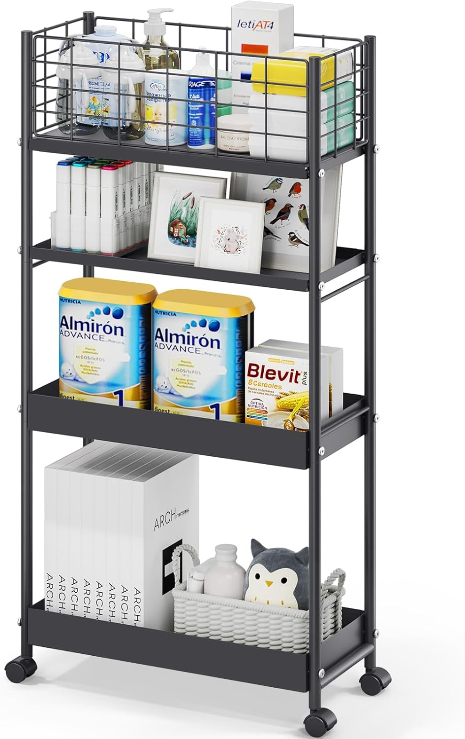 KINGRACK 4-Tier Slim Rolling Cart,Metal Utility Cart,Slide Out Storage Cart with Wooden Tabletop and Mesh Baskets for Narrow Space on Kitchen Bathroom Laundry Room Bedroom Apartments Dormitory, Black