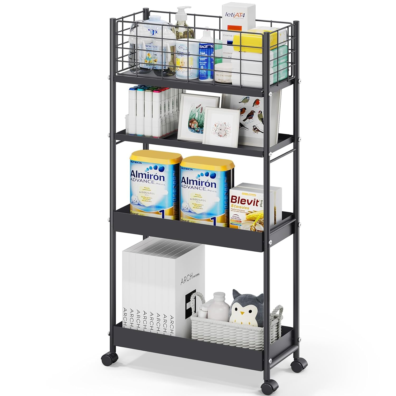 KINGRACK 4-Tier Slim Rolling Cart,Metal Utility Cart,Slide Out Storage Cart with Wooden Tabletop and Mesh Baskets for Narrow Space on Kitchen Bathroom Laundry Room Bedroom Apartments Dormitory, Black