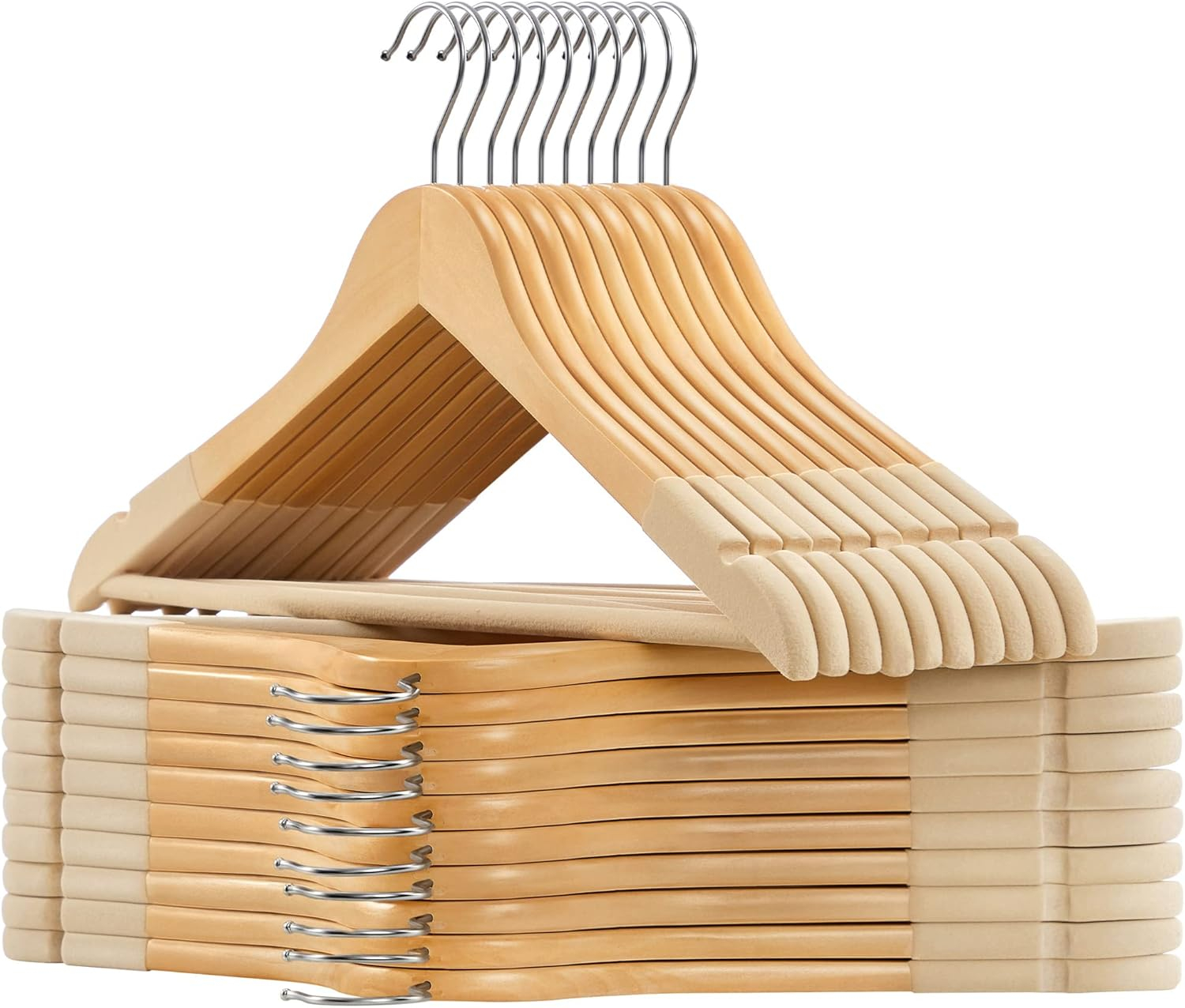 Natural Wooden Hangers with Velvet Surface and Swivel Hook, Set of 20