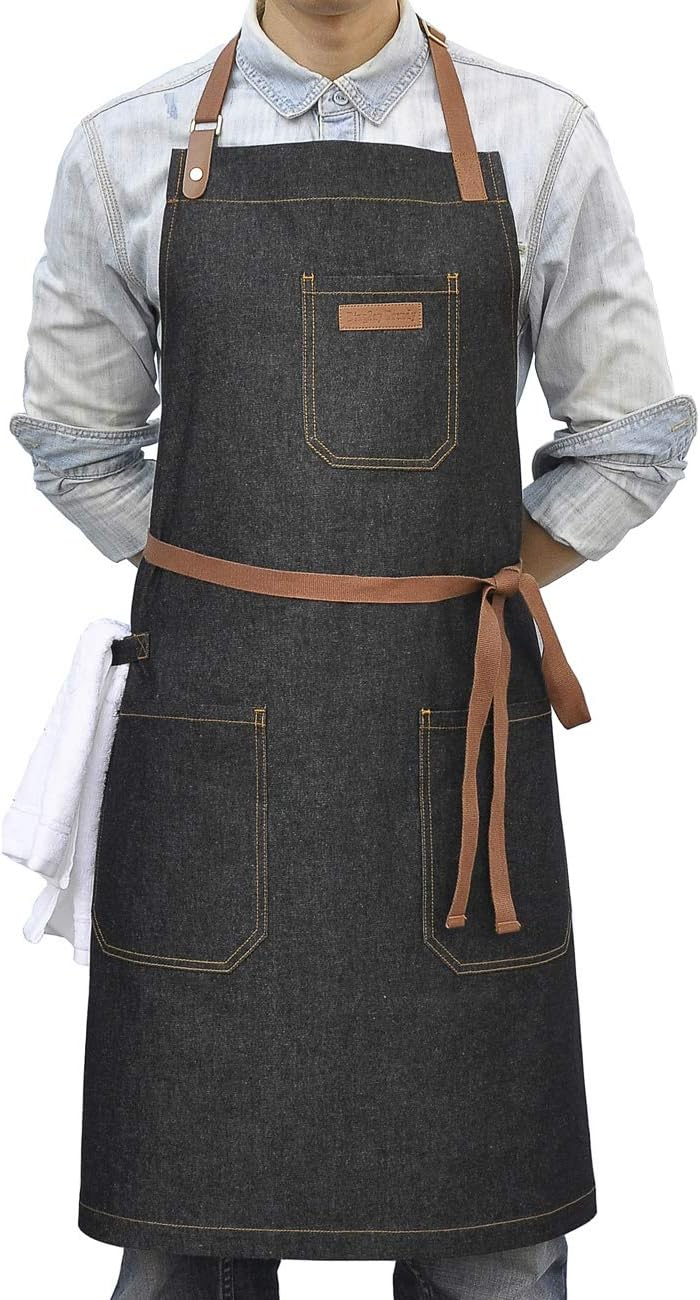 Apron with Pockets, Mens Womens Chef Bib Apron for Kitchen Cooking Grill BBQ Baking Server with Towel Loop