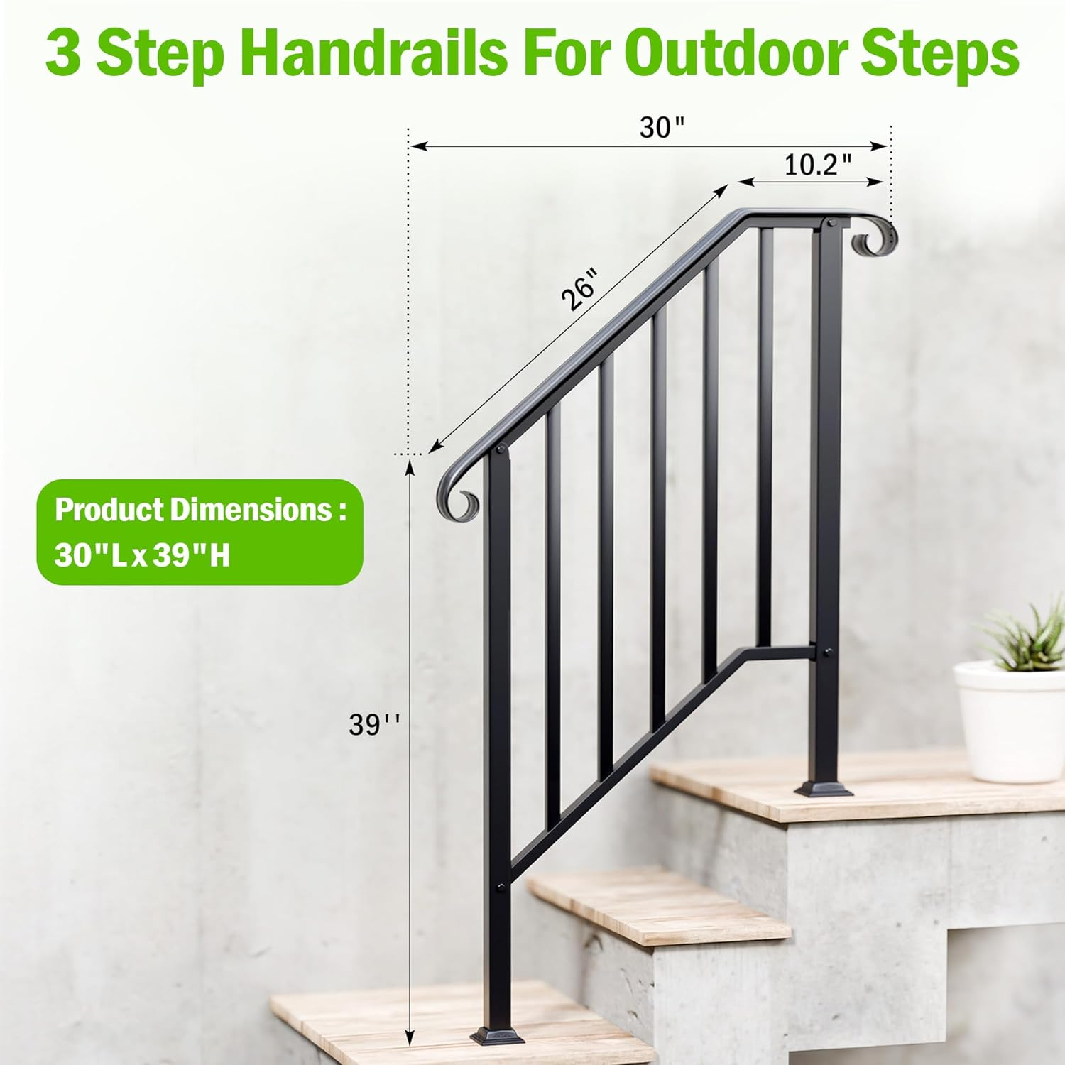 3 Step Handrails for Outdoor Steps, Wrought Iron Stair Railing Fits 2 or 3 Steps, Metal Hand Railing with Installation Kit, Staircase Handrails for Concrete, Porch, Deck, Exterior Steps, Black