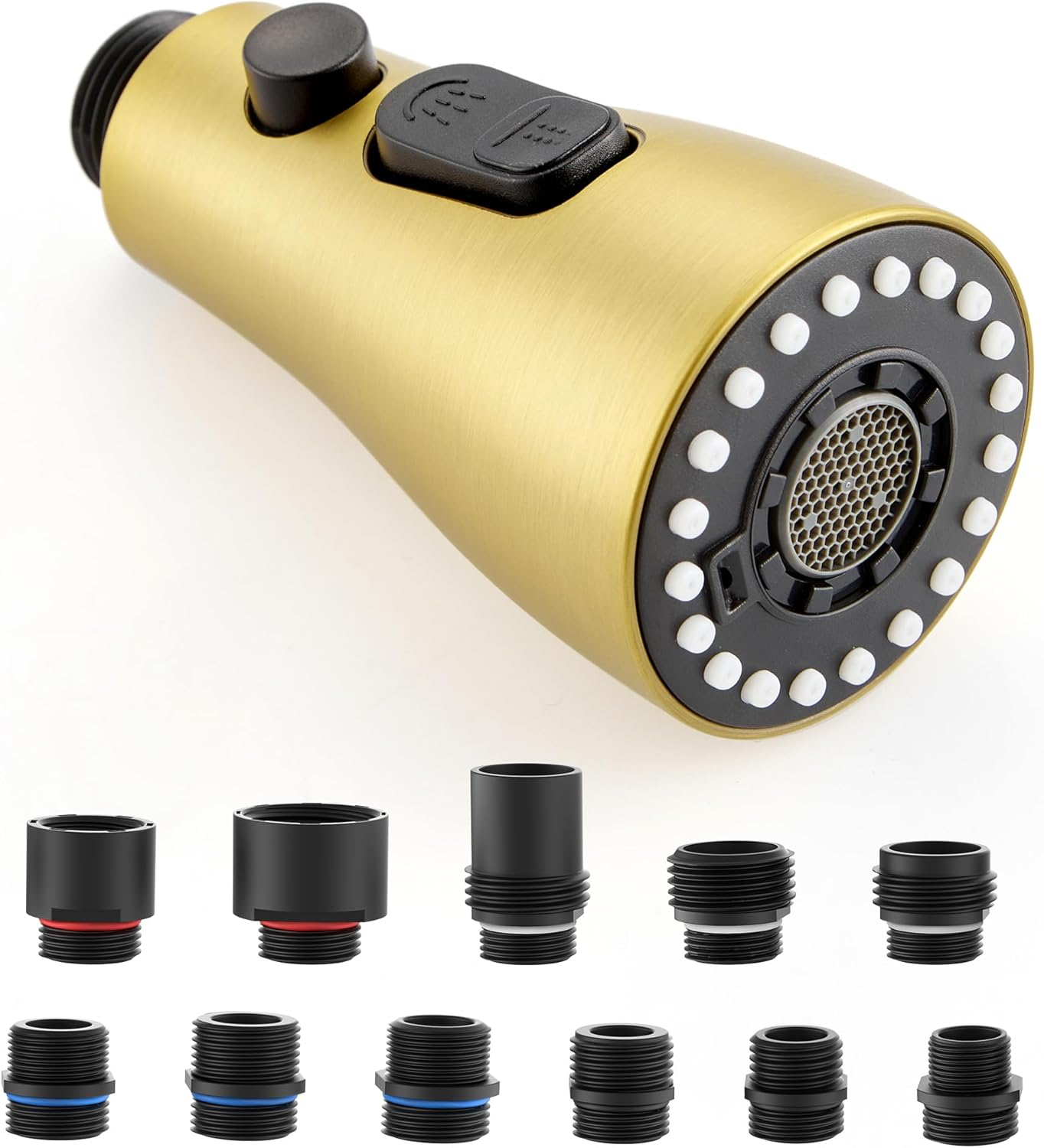 Kitchen Faucet Sprayer Head Replacement - Pull Down Faucet Spray Head with 11 Adapters, Pull Out Faucet Sprayer Nozzle, 3 Function Kitchen Tap Spray Spout Part Connector, Brushed Gold