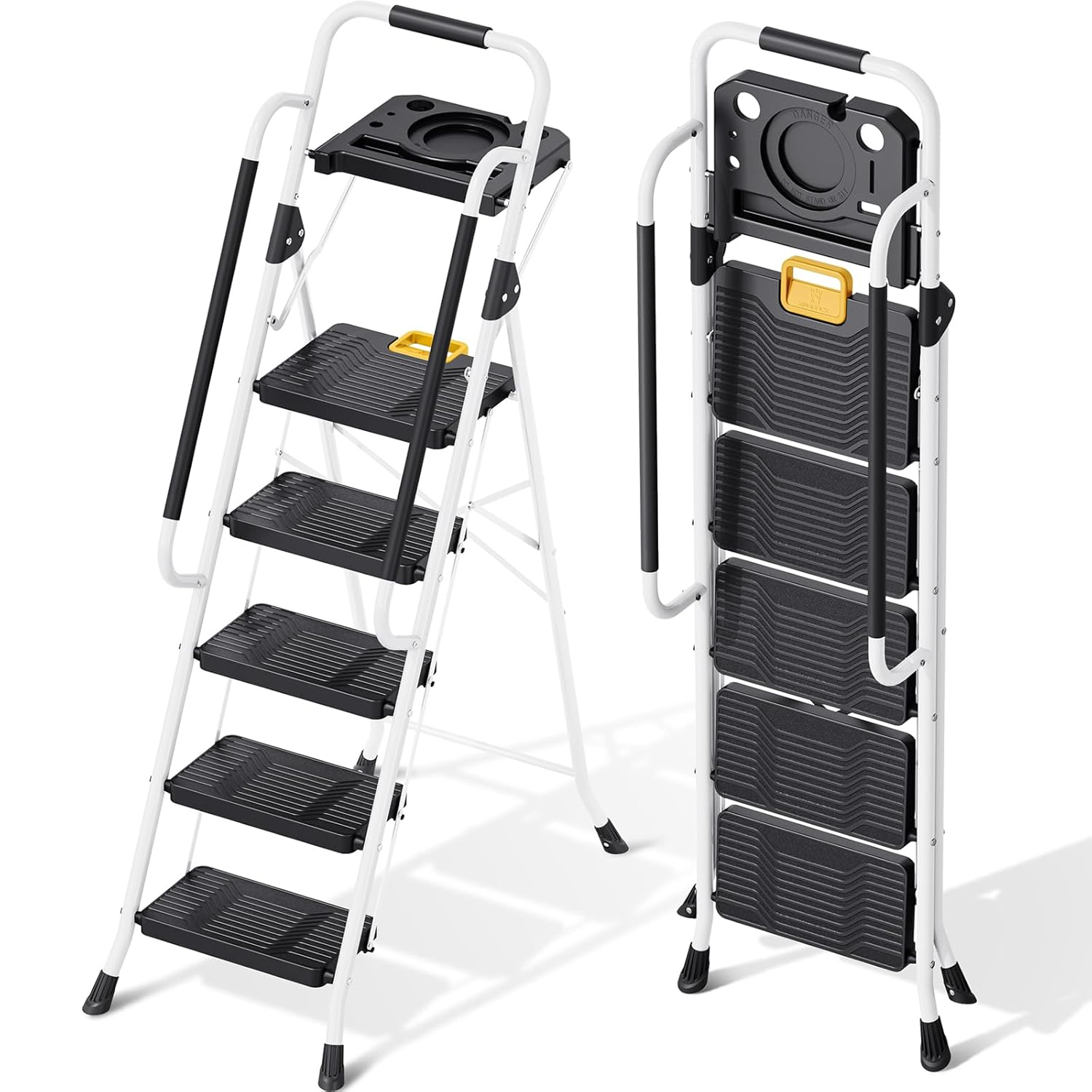 KINGRACK Folding 5-Step Ladder, 800 lbs Capacity Step Stool with Safety Lock, Tool Tray, Non-Skid Wide Steps, Handrail, Household Folding Ladder for Home, Garden, Painting, Outdoor, and Garage, White