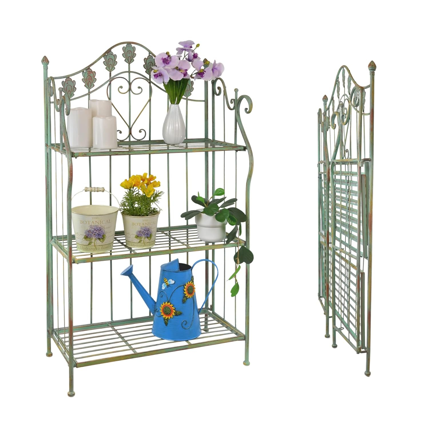 Pre-Assembled Folding Metal Shelf | Plant Stand | Shelving Unit | Bookcase | Outdoor Baker's Rack with Scrolling Heart & Peacock Tail Motif