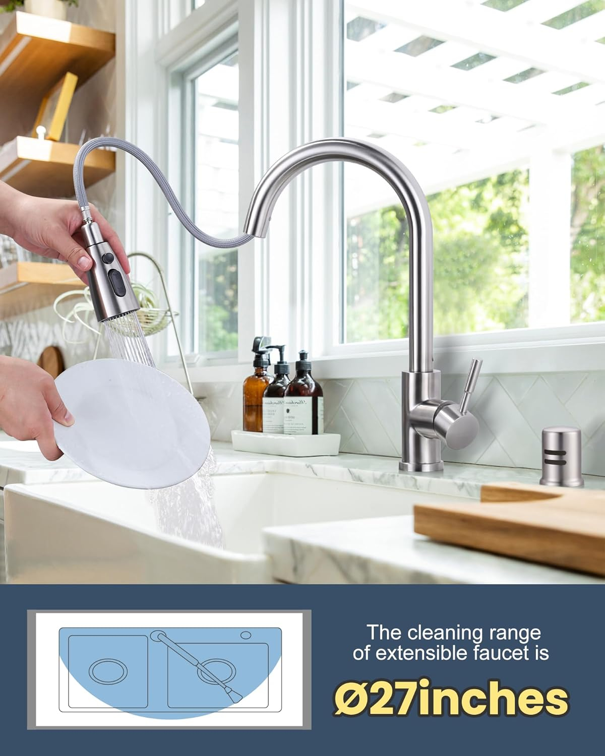 Kitchen Faucet with Air Gap: WOWOW Stainless Steel Kitchen Sink Faucet and Dishwasher Air Gap Kits for Kitchen Sink 2 or 4 Hole, Brushed Nickel Finish