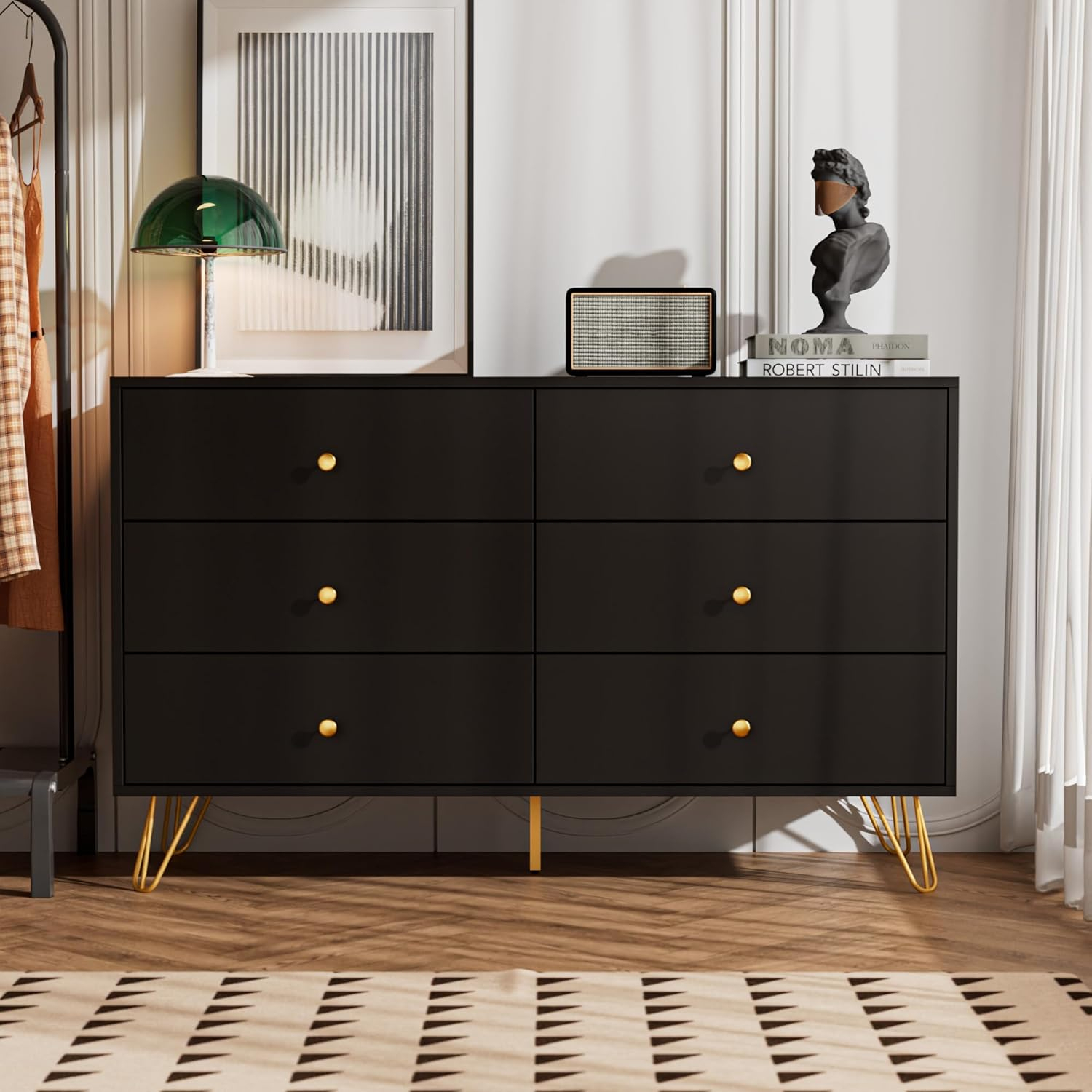 Black Dresser for Bedroom, 6 Drawer Dresser with Golden Handles, Large Storage Cabinet, Modern Chest of Drawers Organizer Storage for Hallyway, Entryway