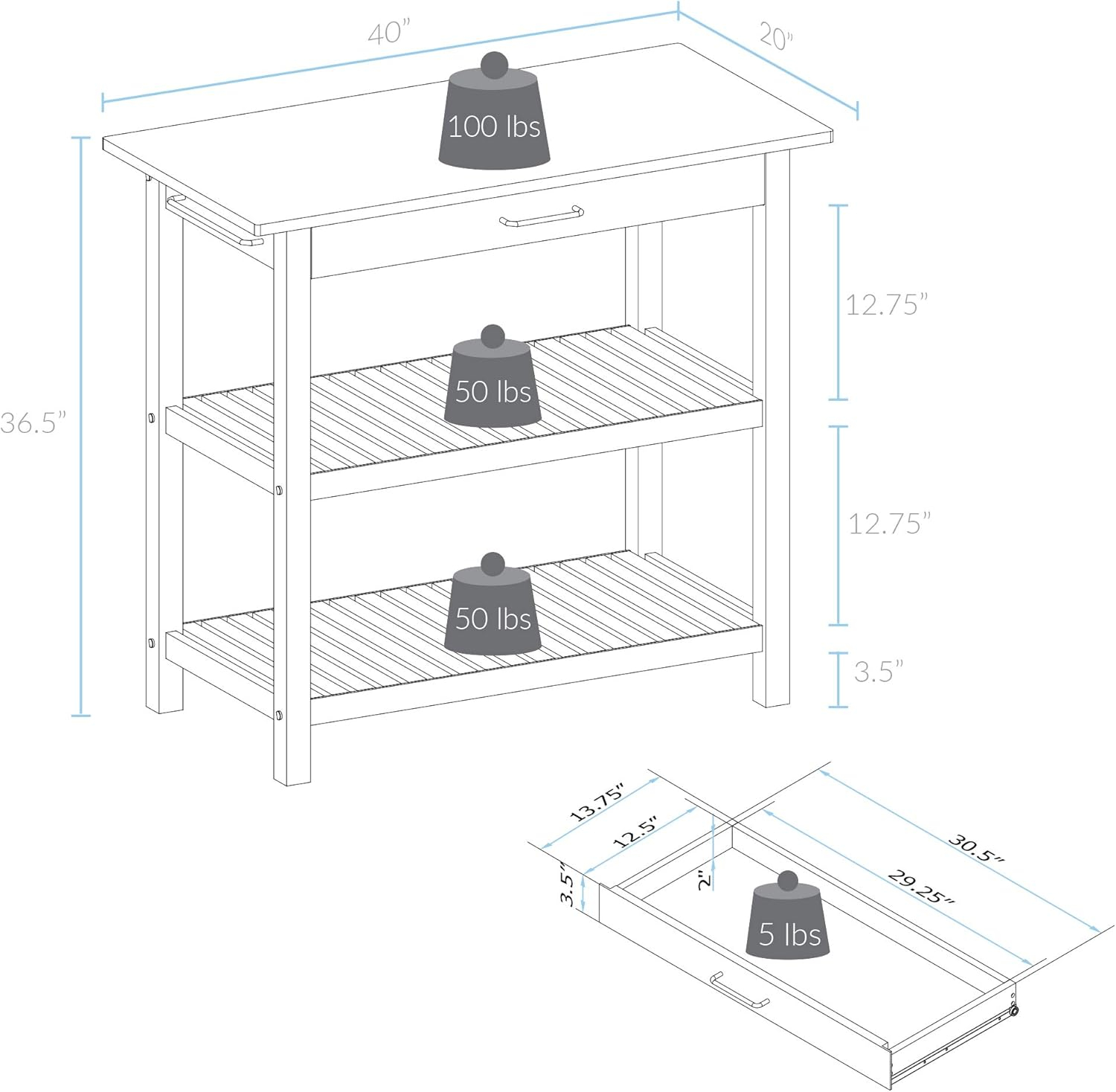 White and Natural Cherry Wood Kitchen Island with Shelves