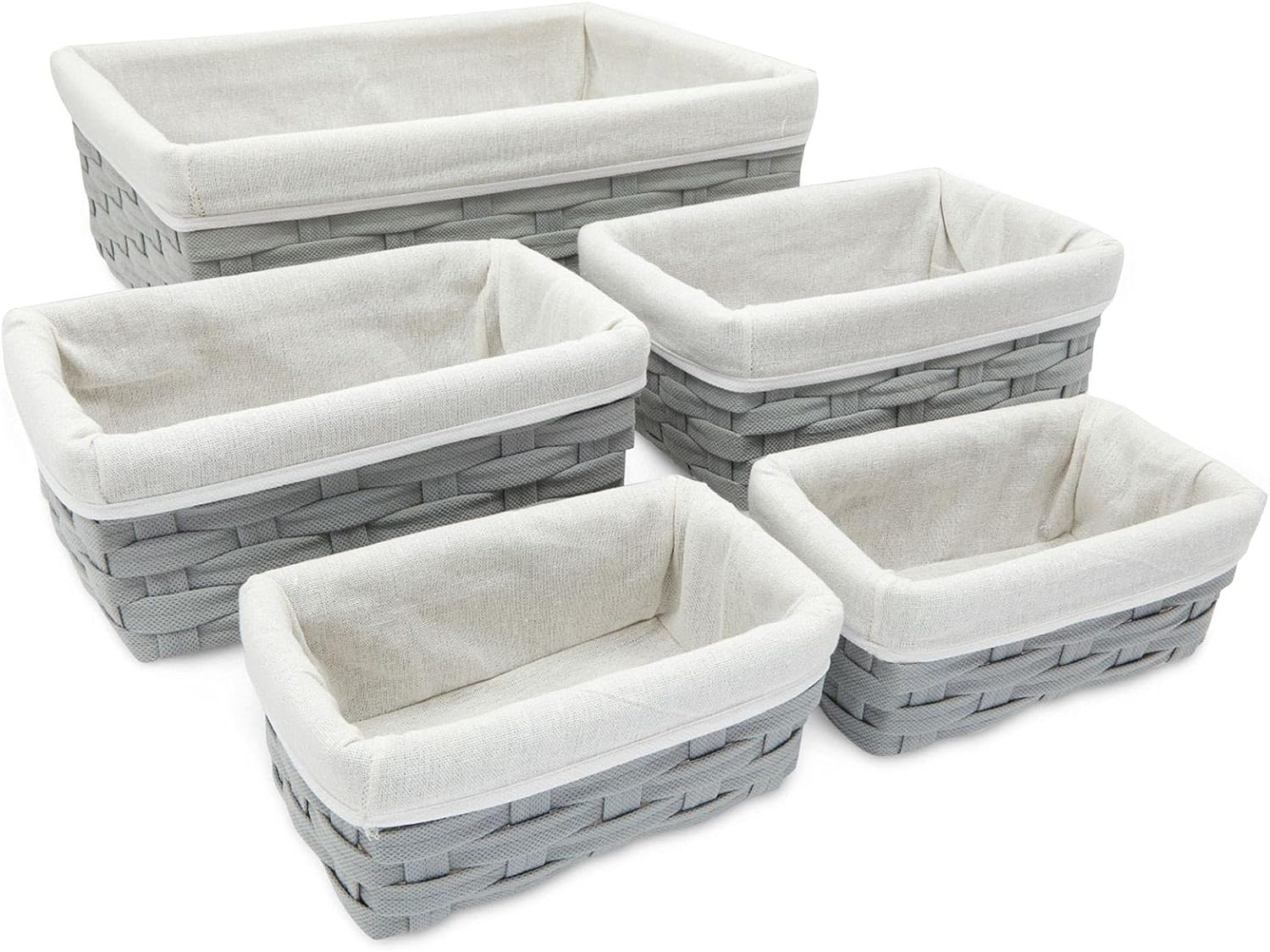 5 Pack Wicker Nesting Baskets with Cloth Lining for Pantry Shelves, Rectangular Storage Bins for Organizing Closet (Brown, 3 Sizes)