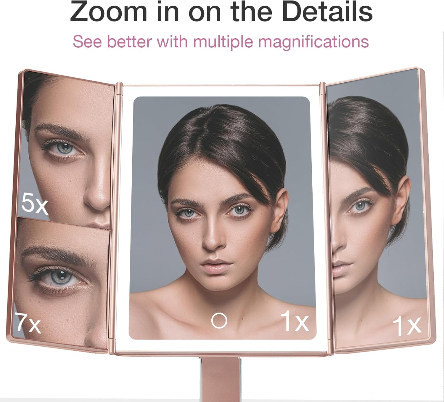 Rose Gold Trifold Vanity Mirror with LED Lights and Magnifications