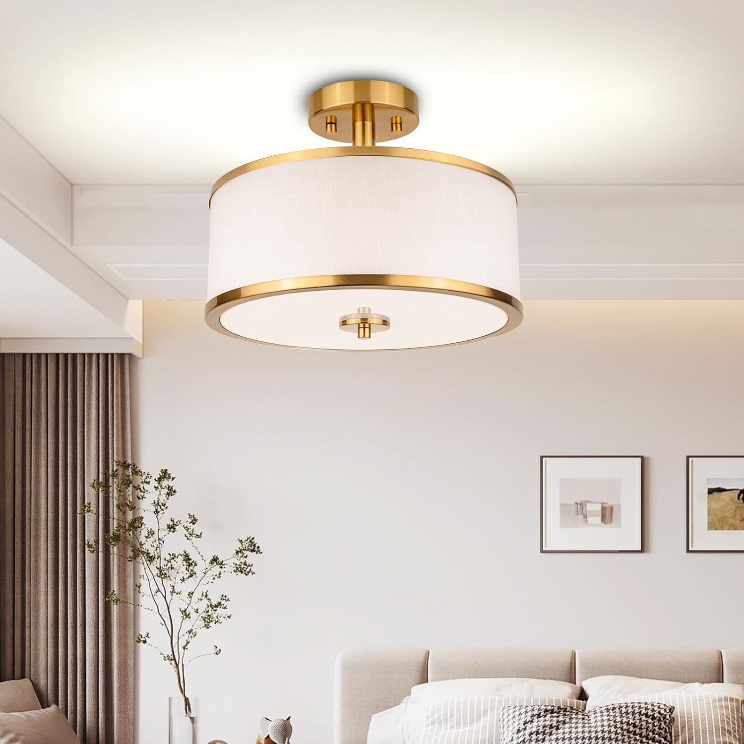 3-Light Semi Flush Mount Ceiling Light Fixture, 12.6" Gold Drum Light with White Fabric Shade, Modern Close to Ceiling Light for Living Room Bedroom Dining Room Kitchen Hallway Entry Foyer