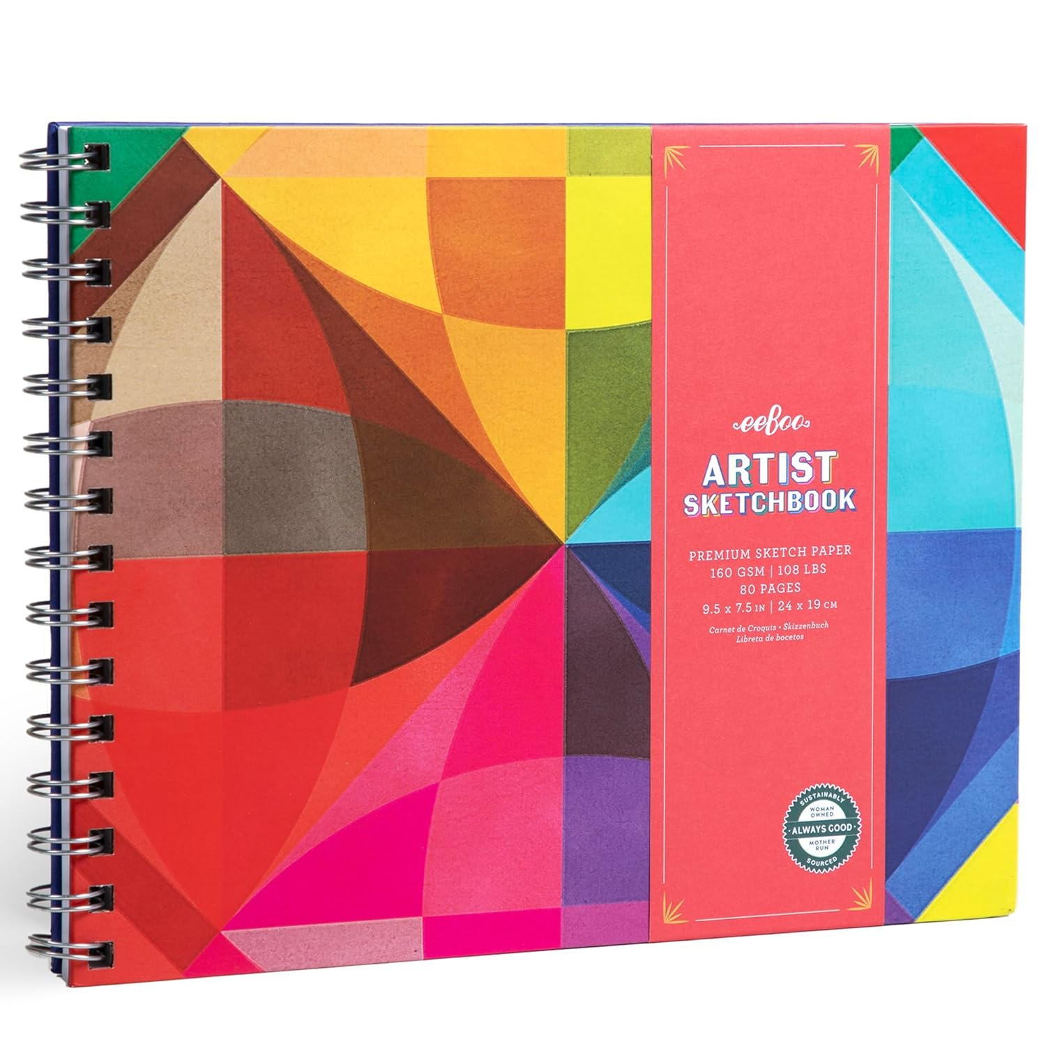eeBoo: Artist Sketchbook - Rainbow - 80 Pages of High-Quality Paper, 160 GSM, 108 Lbs, 9.5 x 7.5" Wire-Bound Hardcover Drawing Book w/ Colorful Cover