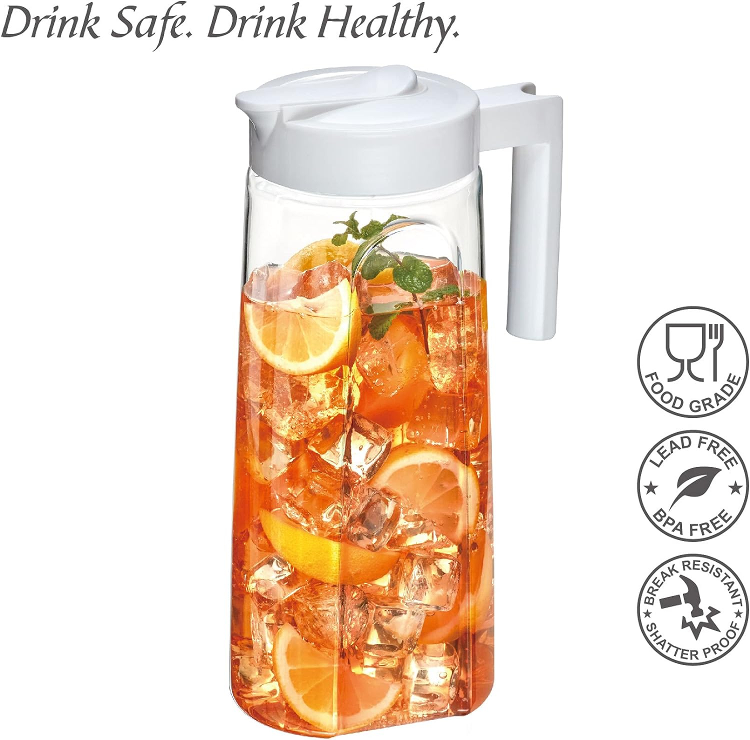 Amazing Abby - Slim - Tritan Pitcher (64 oz), Unbreakable Plastic Pitcher with Lid, BPA-Free, Heat-Resistant, Dishwasher-Safe, Great for Both Iced and Hot Drinks, Indoors and Outdoors, White