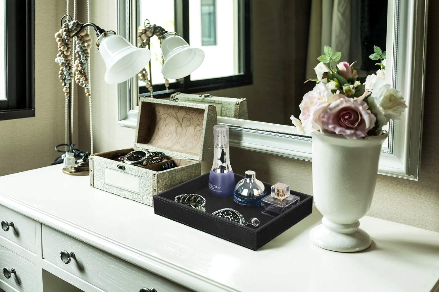 HofferRuffer PU Leather Catchall Tray, Jewelry Tray, Desktop Storage Organizer, Valet Tray, Leather Tray for Nightstand or Dreeser Organizer, Black, 10.2 x 8.4 x 1.8 inches