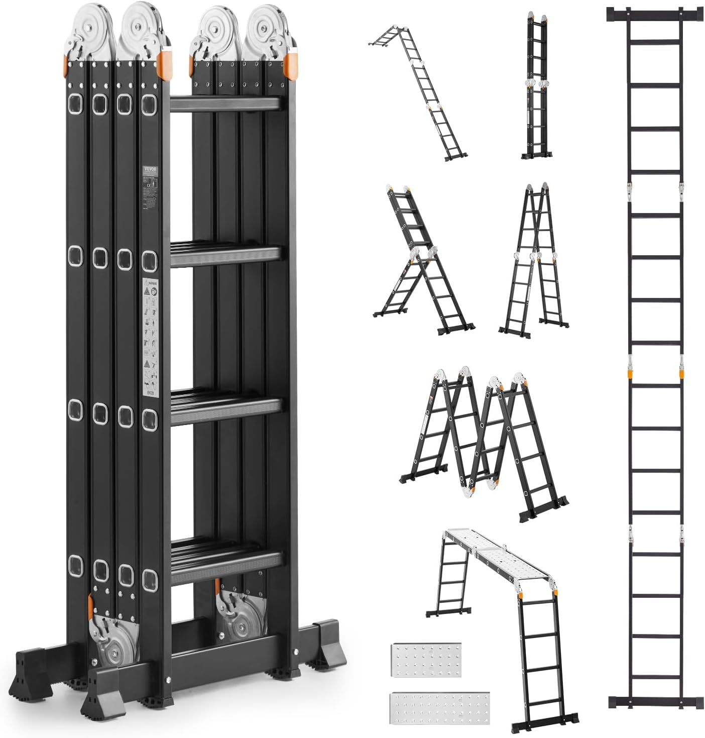 VEVOR Escalera Plegable Multiusos, Escalera de Extensión 7 en 1 de Altura, un Marco de 4 Escalones con Escalera Telescópica con Tablón de Andamio, Altura de Alcance de 15,5 Pies para Trabajo Pesado, Capacidad de 330 Libras para el Hogar Al Aire Libre