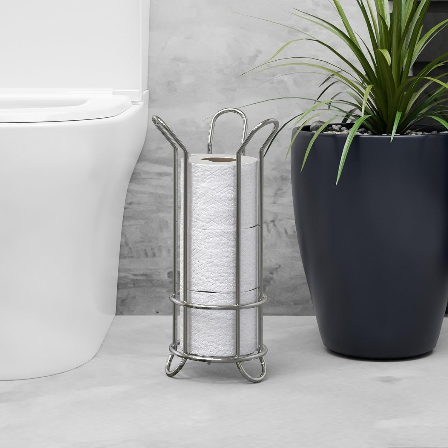 BROOKSTONE, Chrome Toilet Paper Holder, Freestanding Bathroom Tissue Organizer, Minimalistic Storage Solution, Stylish Design [Holds MEGA Rolls]