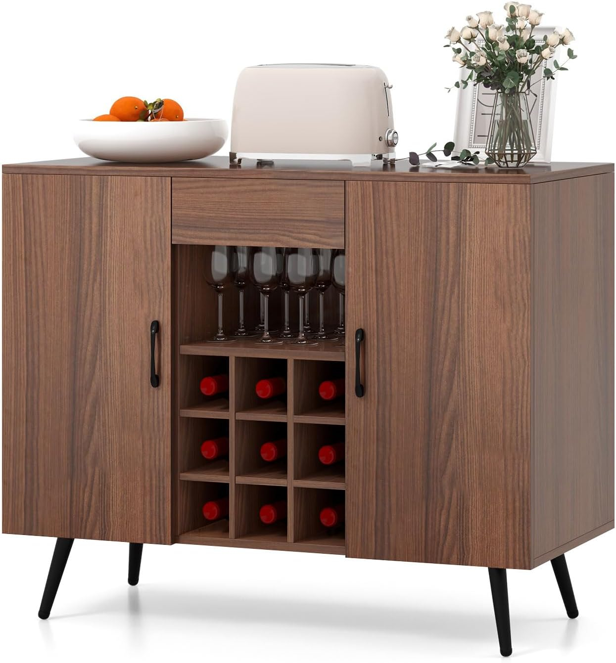 Mid-century Modern Buffet Sideboard Server Cabinet with 9-Bottle Wine Rack
