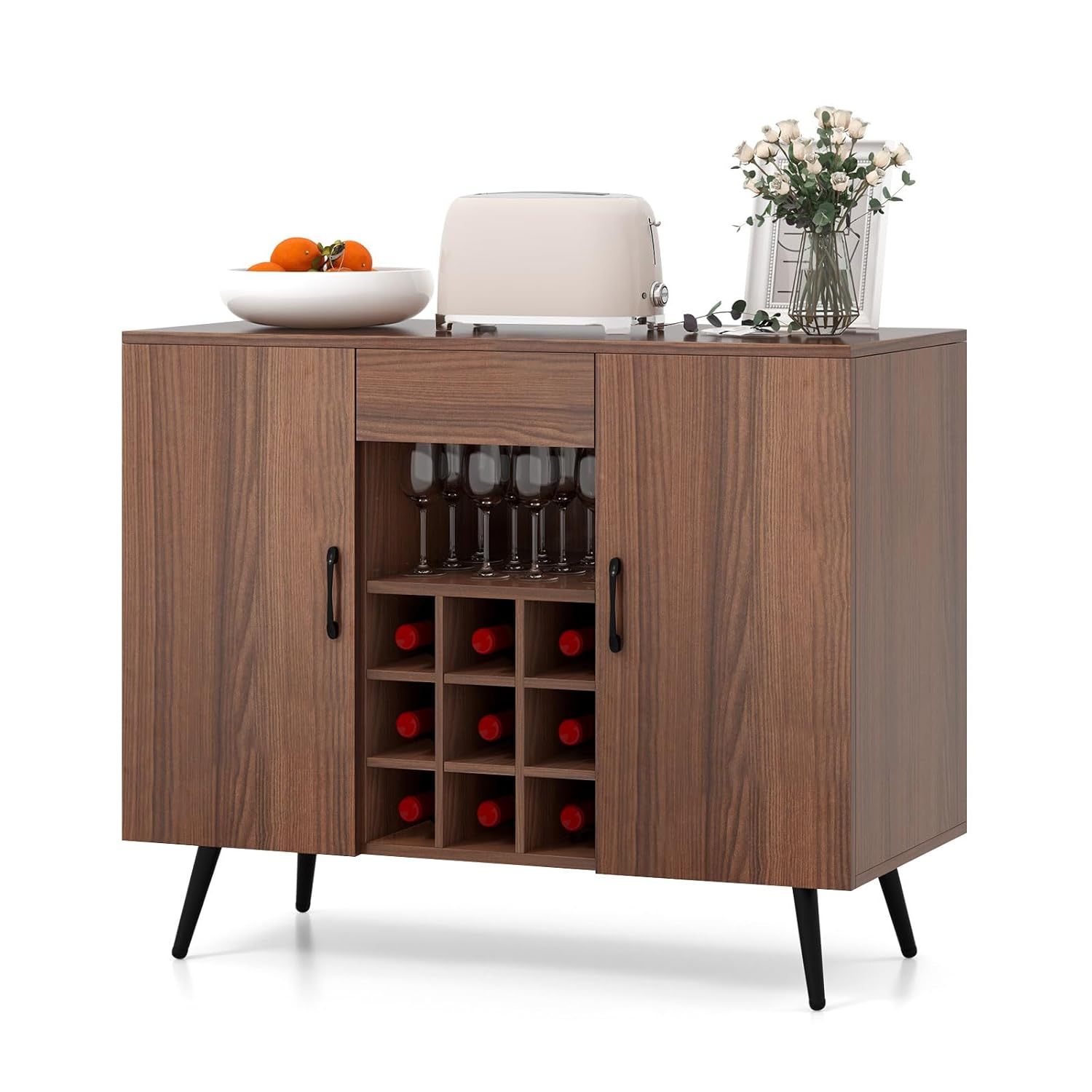 Mid-century Modern Buffet Sideboard Server Cabinet with 9-Bottle Wine Rack