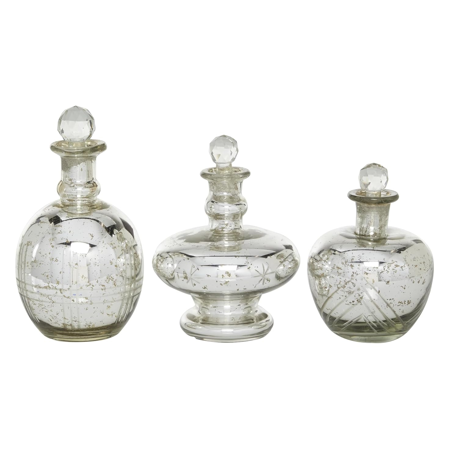 DecMode 8", 9", 7"H Silver Glass Decorative Jars with Crystal Stoppers, 3-Pieces