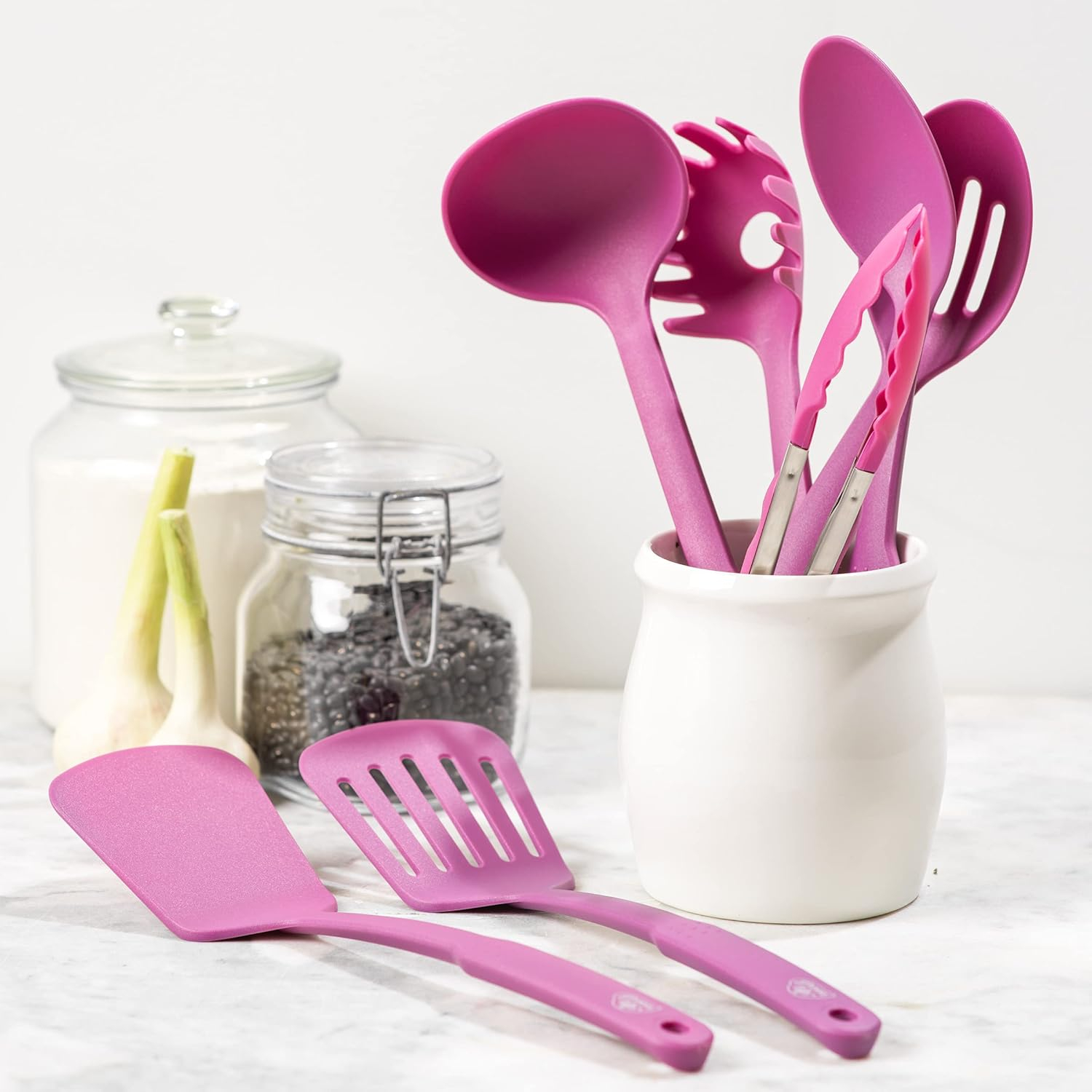 GreenLife Cooking Tools and Utensils, 7 Piece Nylon Set including Spatulas Turner Spoons and Tongs, Dishwasher Safe, Bright Pink