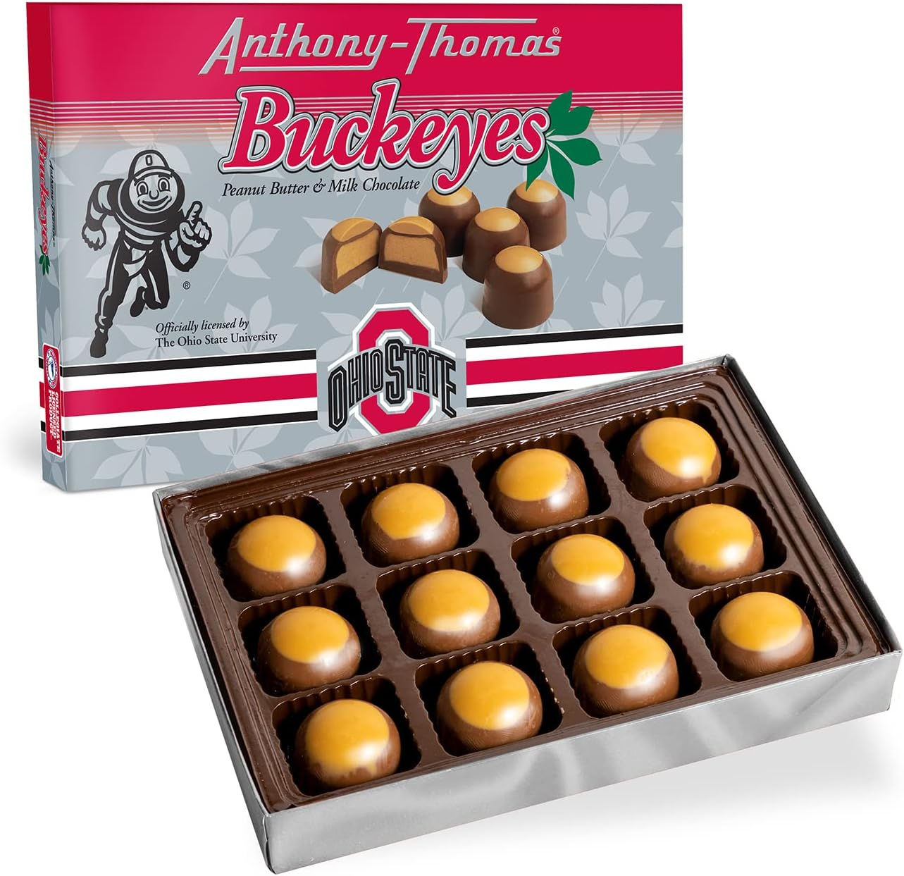 Anthony-Thomas, Peanut Butter & Milk Chocolate Buckeyes in Ohio State Buckeyes Box, Deliciously Delightful Snacks (12 Count)