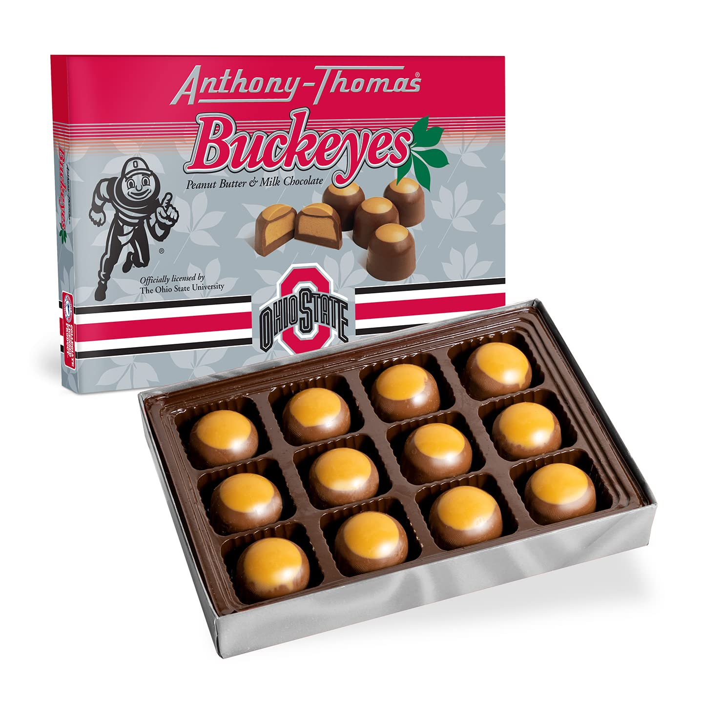 Anthony-Thomas, Peanut Butter & Milk Chocolate Buckeyes in Ohio State Buckeyes Box, Deliciously Delightful Snacks (12 Count)