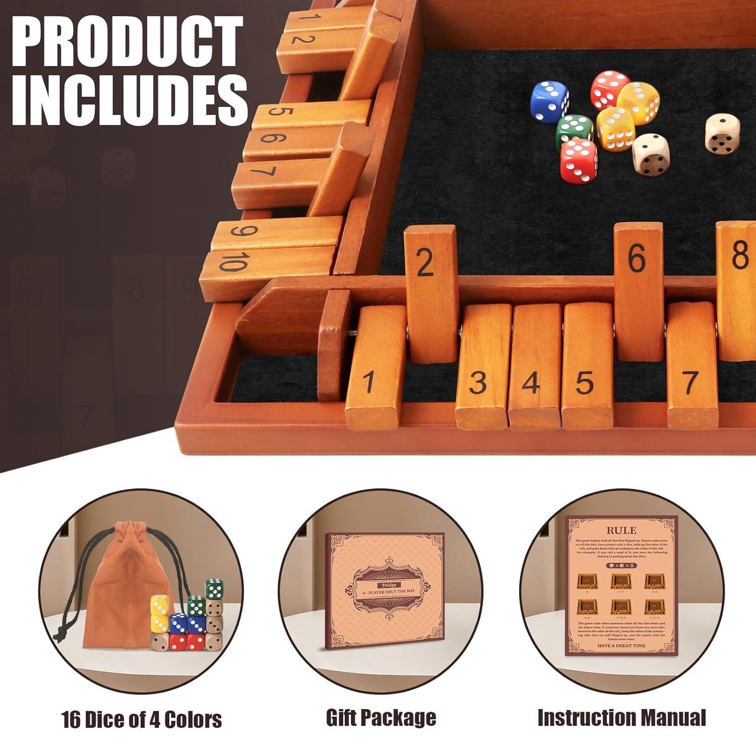 4 Players Shut The Box Dice Games, Wooden Board Table Math Game with 12 Dice and Instructions, Classics Close The Box Board Game for Adults Kids, Family Classroom Home or Bar