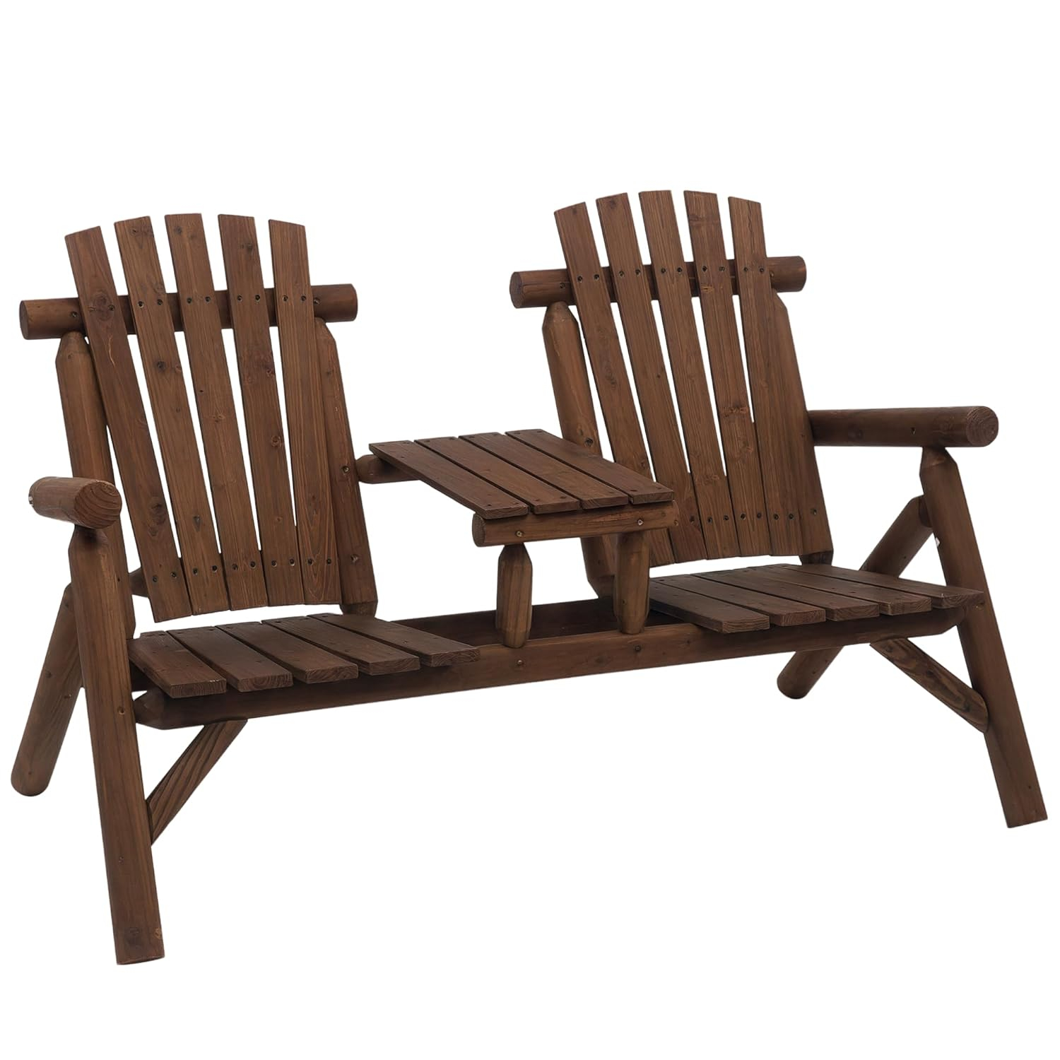 Outsunny Outdoor Wood Adirondack Bench Chair with Center Table, Brown
