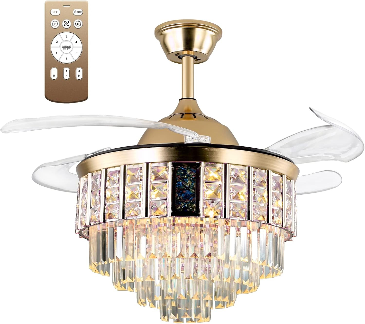 42 in. Integrated LED Indoor Gold Luxury Automatic Retractable Crystal Ceiling Fan with Remote