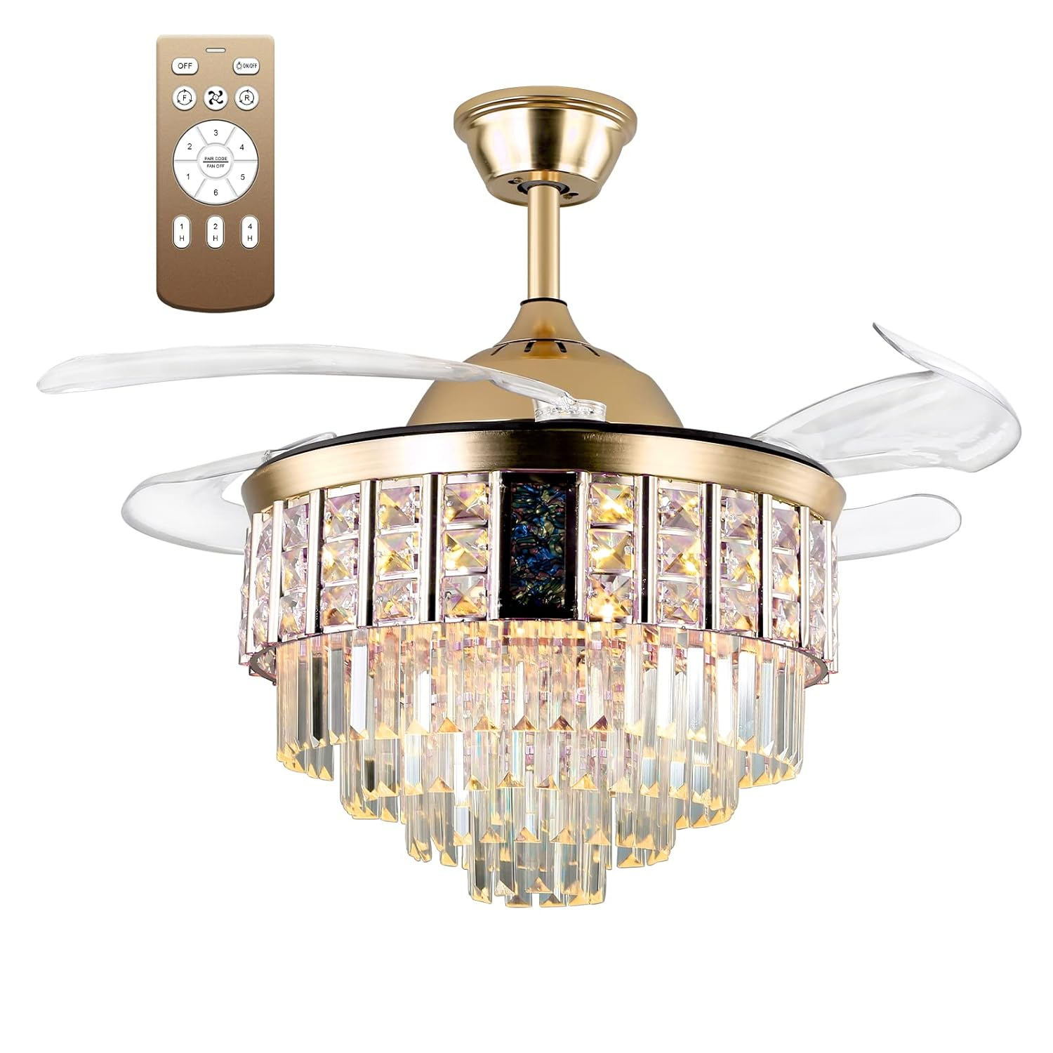 42 in. Integrated LED Indoor Gold Luxury Automatic Retractable Crystal Ceiling Fan with Remote