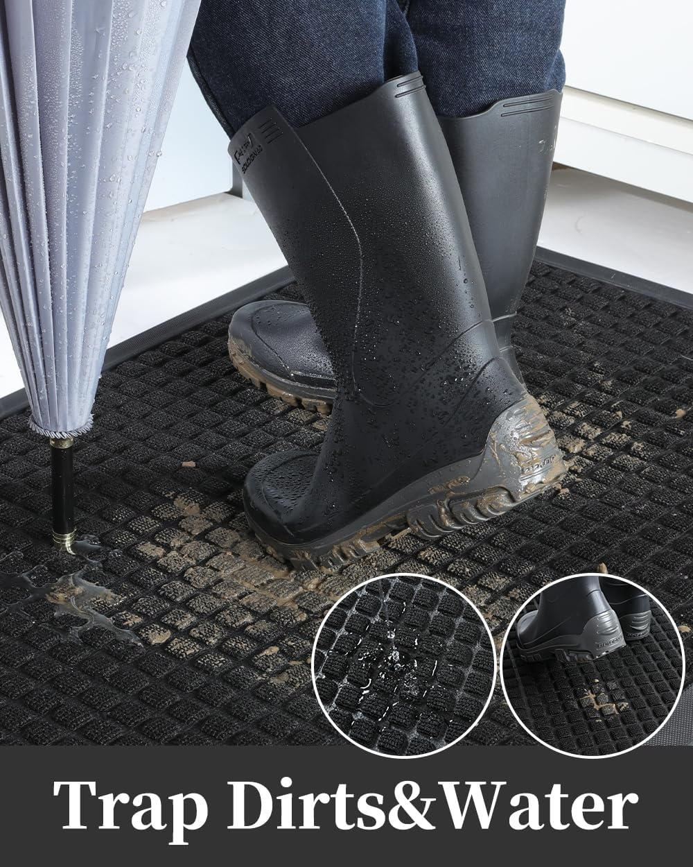 MontVoo-Front Door Mat Outside Entrance Doormat-Outdoor Indoor Door Mat for Entryway-Welcome Mat Thick Durable Rubber Backed Door Entry Mat Non Slip Dirt Trapper Absorbent-Black 17”x30”