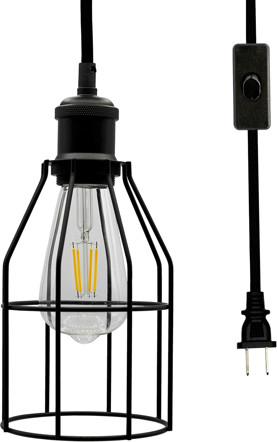 Industrial Hanging Pendant Light with Plug in Cord, Vintage Wire Cage Lamp for Kitchen Island Dining Room Farmhouse, 15 Cord with On Off Switch (Matte Black)